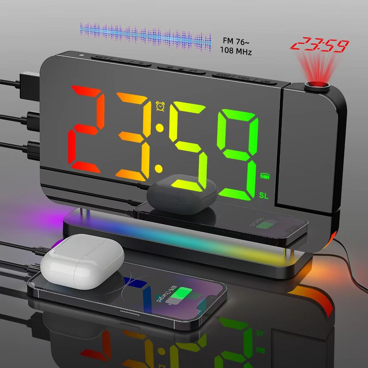 2026 New RGB Colorful Night Light Radio Projection Clock LED Electronic Clock Desktop Alarm Clock