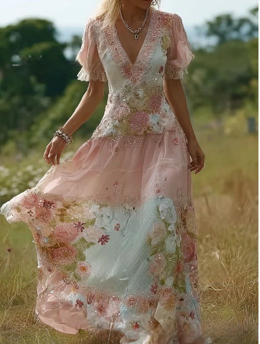 2026 Independent Station New Women's Solid Color Elegant Print Pleated Floral Dress