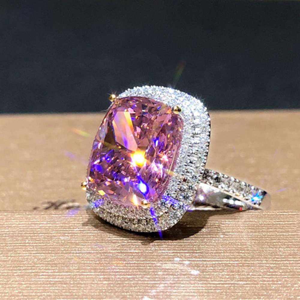 Rectangular pink zircon ring elegant micro-set zircon ring jewelry