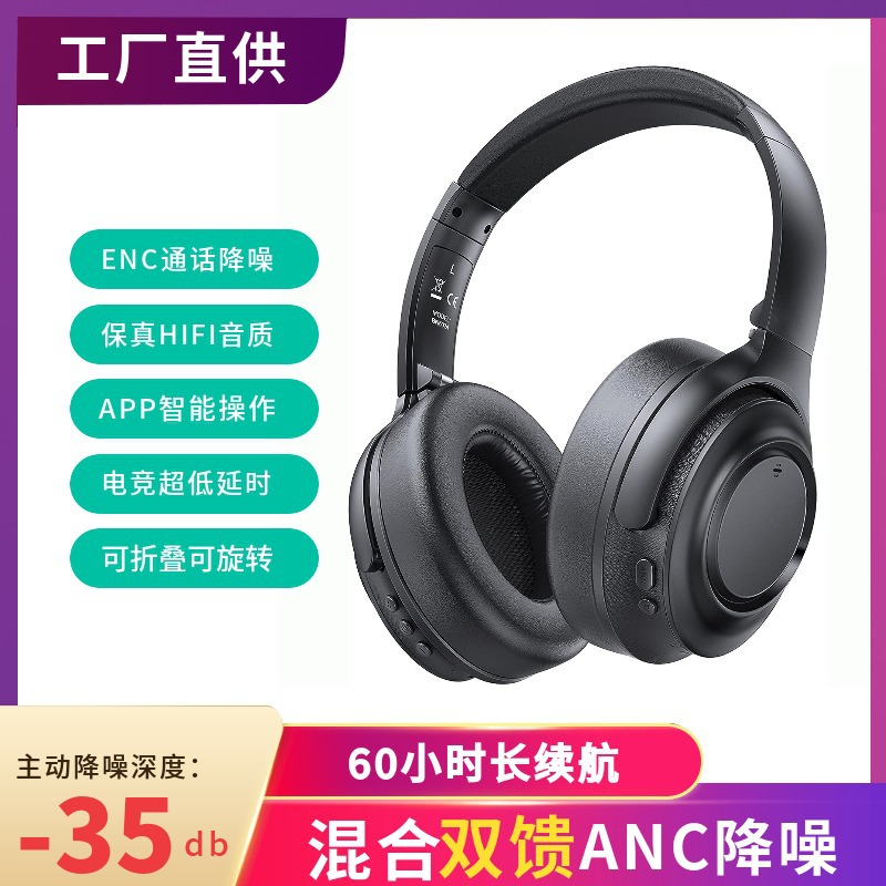 Huizhou-made over-ear dual-feed active noise-cancelling high-fidelity headset over-ear wireless Bluetooth earphones