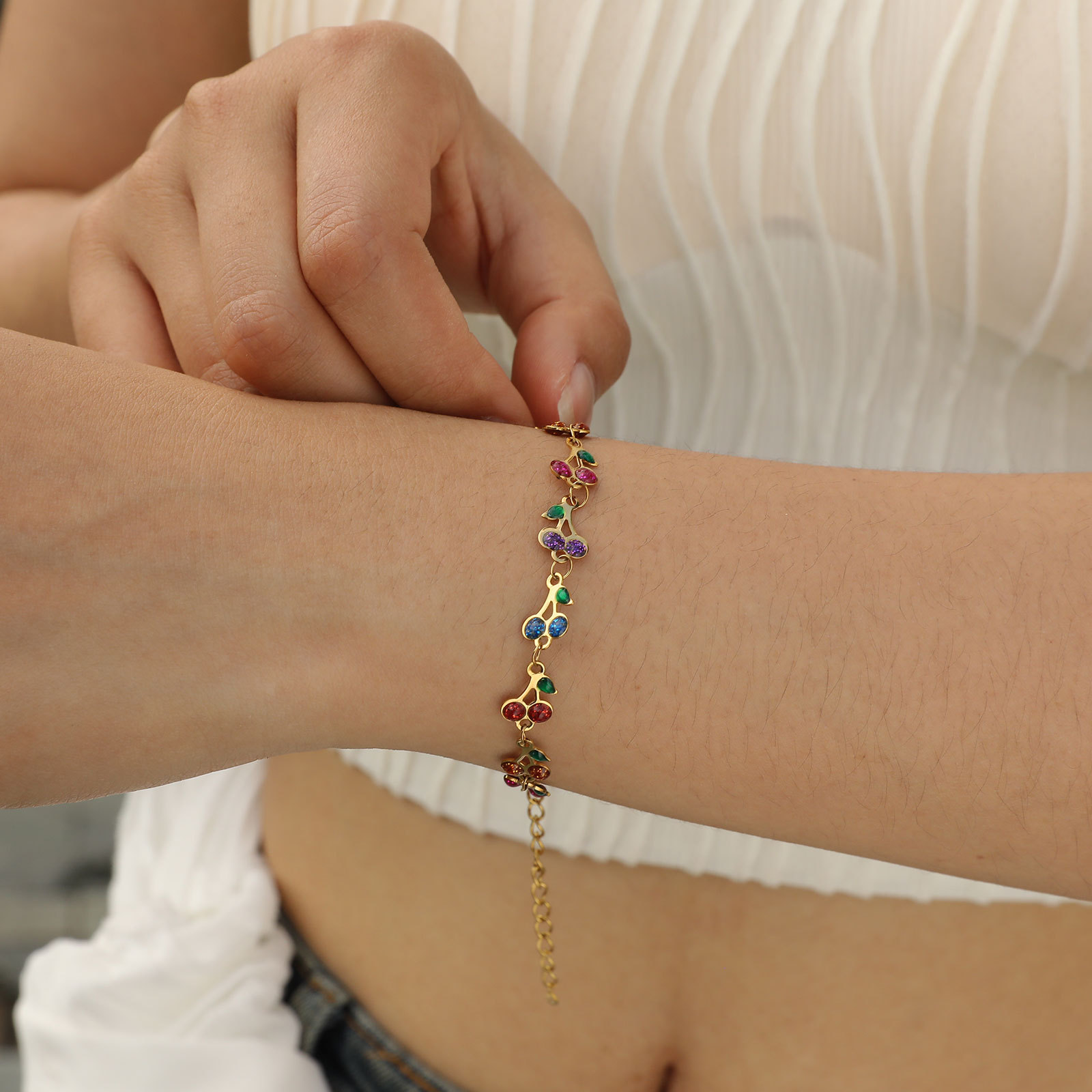 Women's Stainless Steel Drop White Oil Heart Shape Flower Cherry Colorful Bracelet Gold Accessories