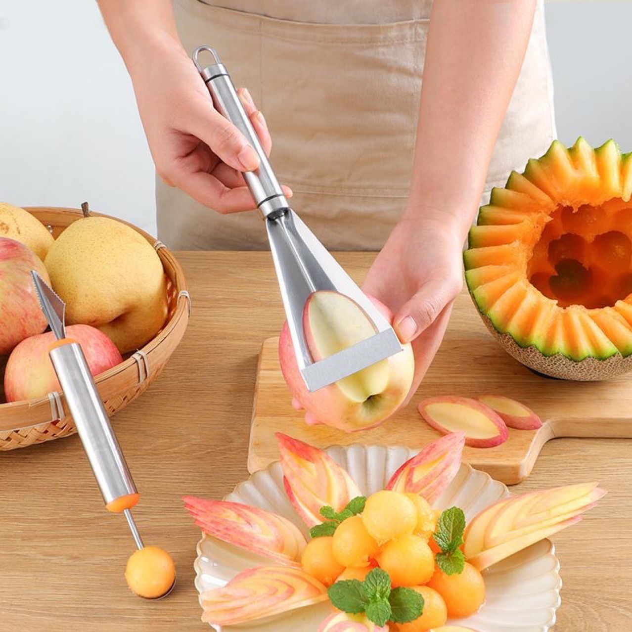 Apple Triangle Push Knife Fruit Stainless Steel Decorative Fruit Plate Knife Carving Restaurant Plating Apple Push Knife