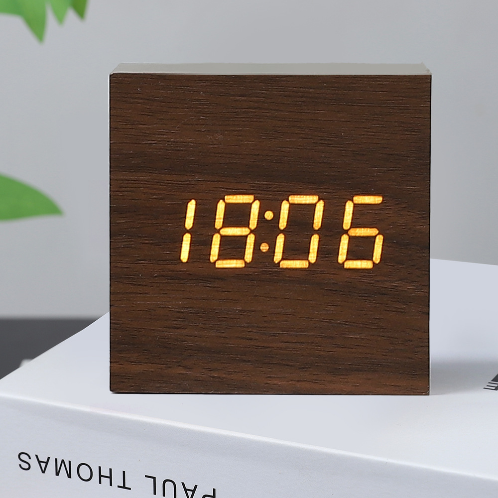 LED Wooden Clock Electronic Clock Wooden Digital Clock Voice Control Thermometer Electronic Alarm Clock