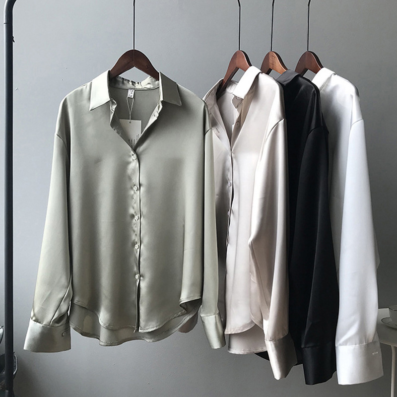 Acetate silk satin white shirt women 2026 spring autumn winter new niche layering top