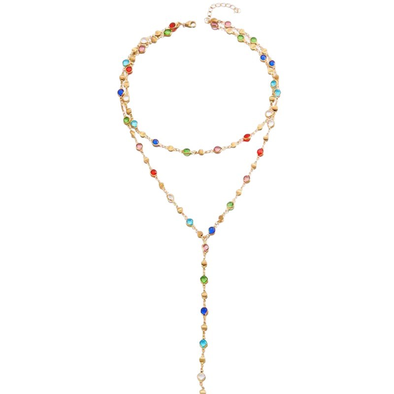 Rongshang Accessory Double-Layer Y-Shaped Colorful Crystal Necklace Women's Glass Crystal Necklace Set Wholesale
