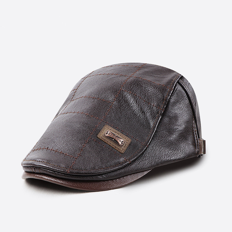 2020 new PU leather cap for middle-aged and elderly, fleece-lined outdoor warm cap, fleece-lined forward beret