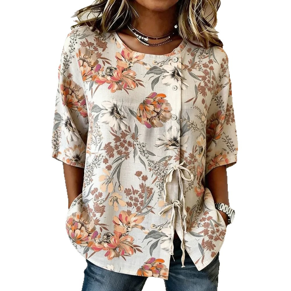2026 New Summer Women's Top Printed Casual Short Sleeve Drawstring Bow Blouse