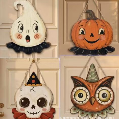 Halloween Wooden Home Door Sign Hanging Decoration Ghost Black Cat Pumpkin Owl Home Craft Gift