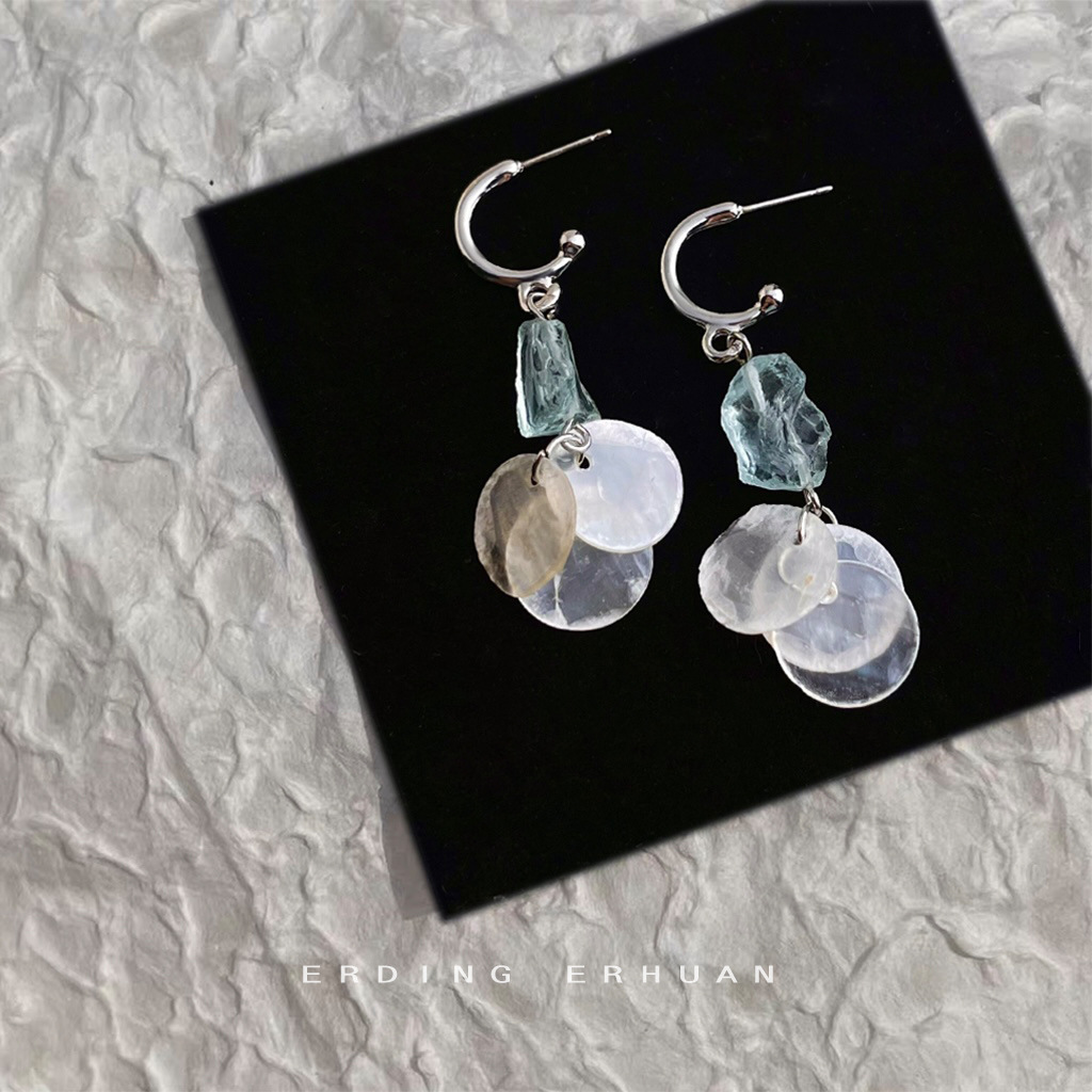 Natural stone blue crystal shell earrings summer new fresh sweet long earrings for women