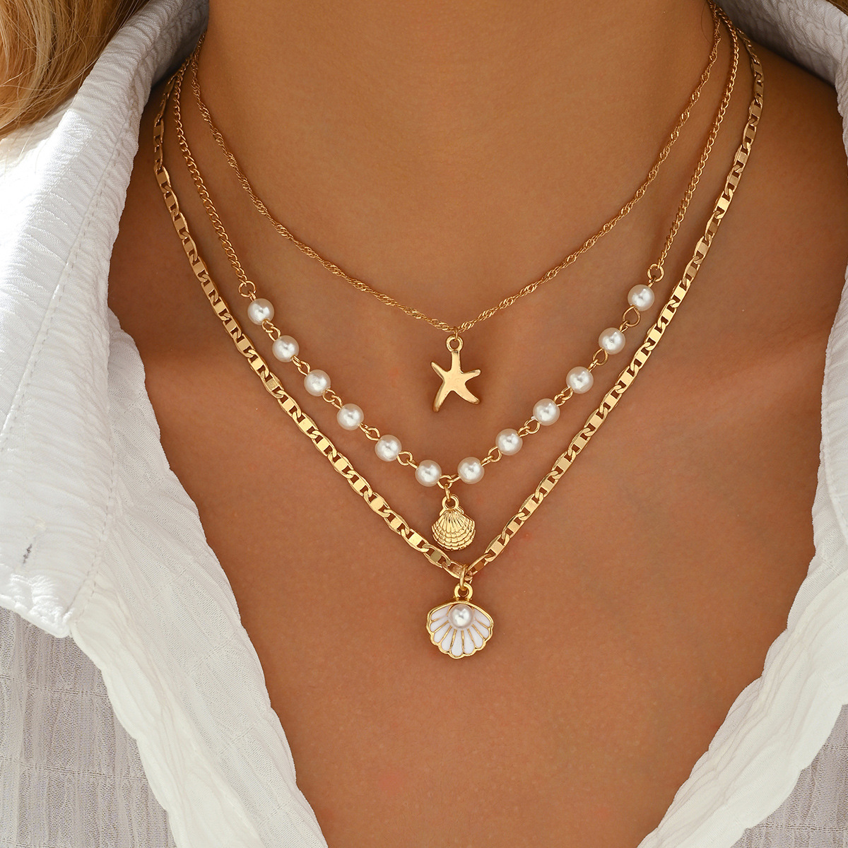 Accessories Simple Starfish Shell Pendant Necklace Vacation Style Pearl Choker Necklace for Women