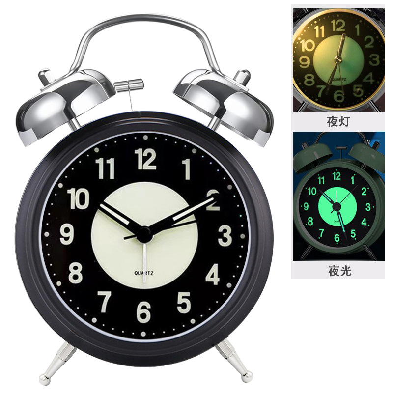 4-Inch Silver Electroplated Metal Bell Alarm Clock Large Alarm Clock Aishida Ultra-Quiet Movement with Night Light