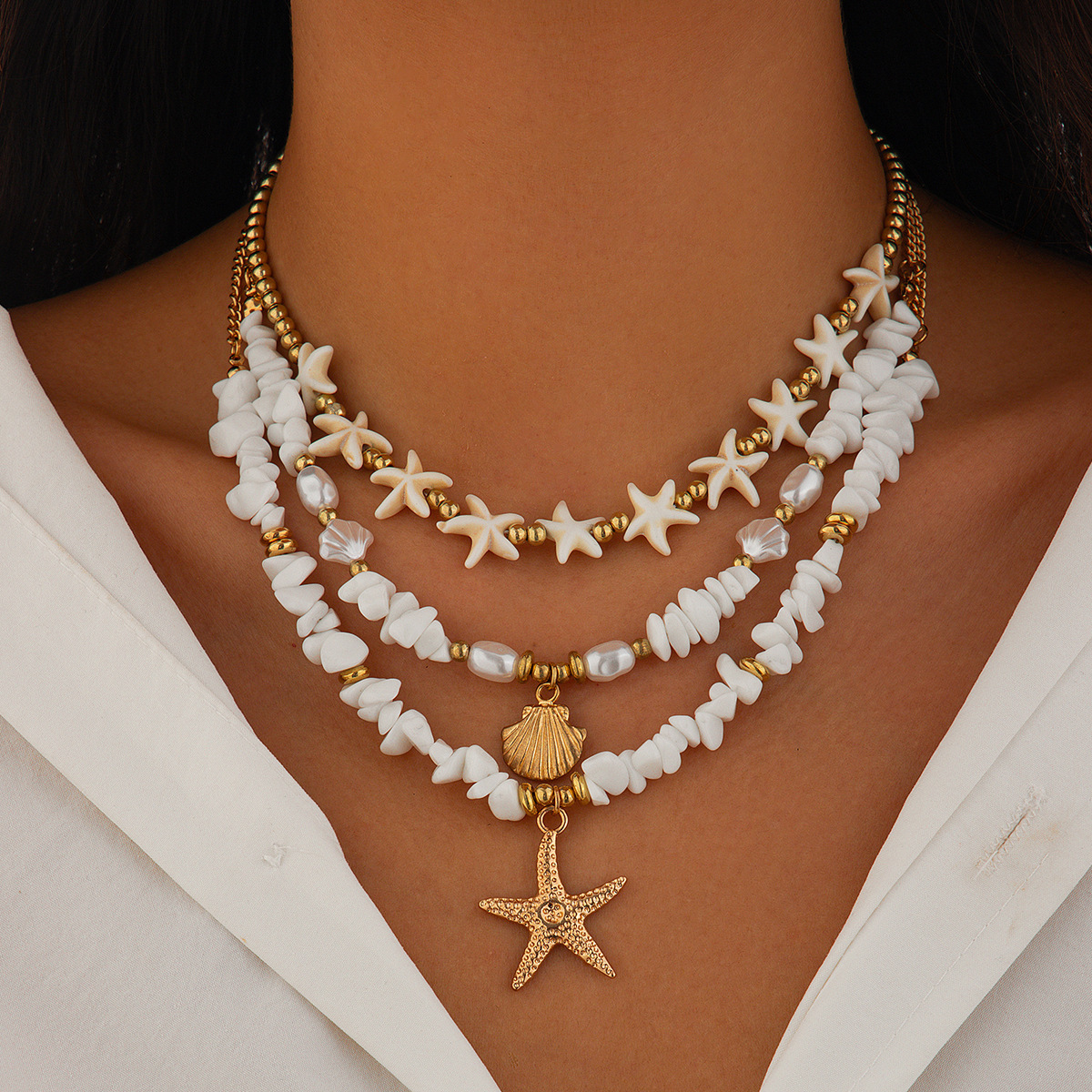 Cross Multi-Layer Pearl Necklace Shell Starfish Pendant Choker Layered Neck Chain Chain