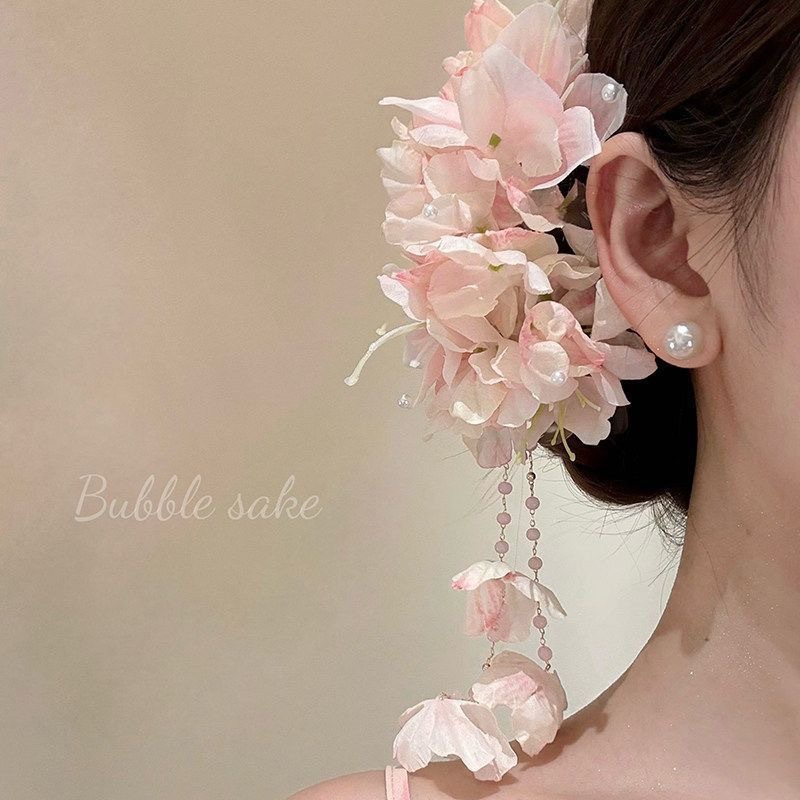 Super fairy faux flower tassel hair clip for women vacation style accessory Hanfu cheongsam side clip bun hair accessory
