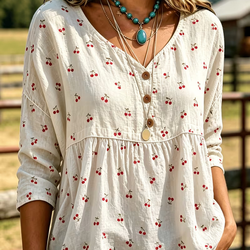 2026 Independent Station Summer Women's Button Ethnic Floral Print Three-Quarter Sleeve Shirt