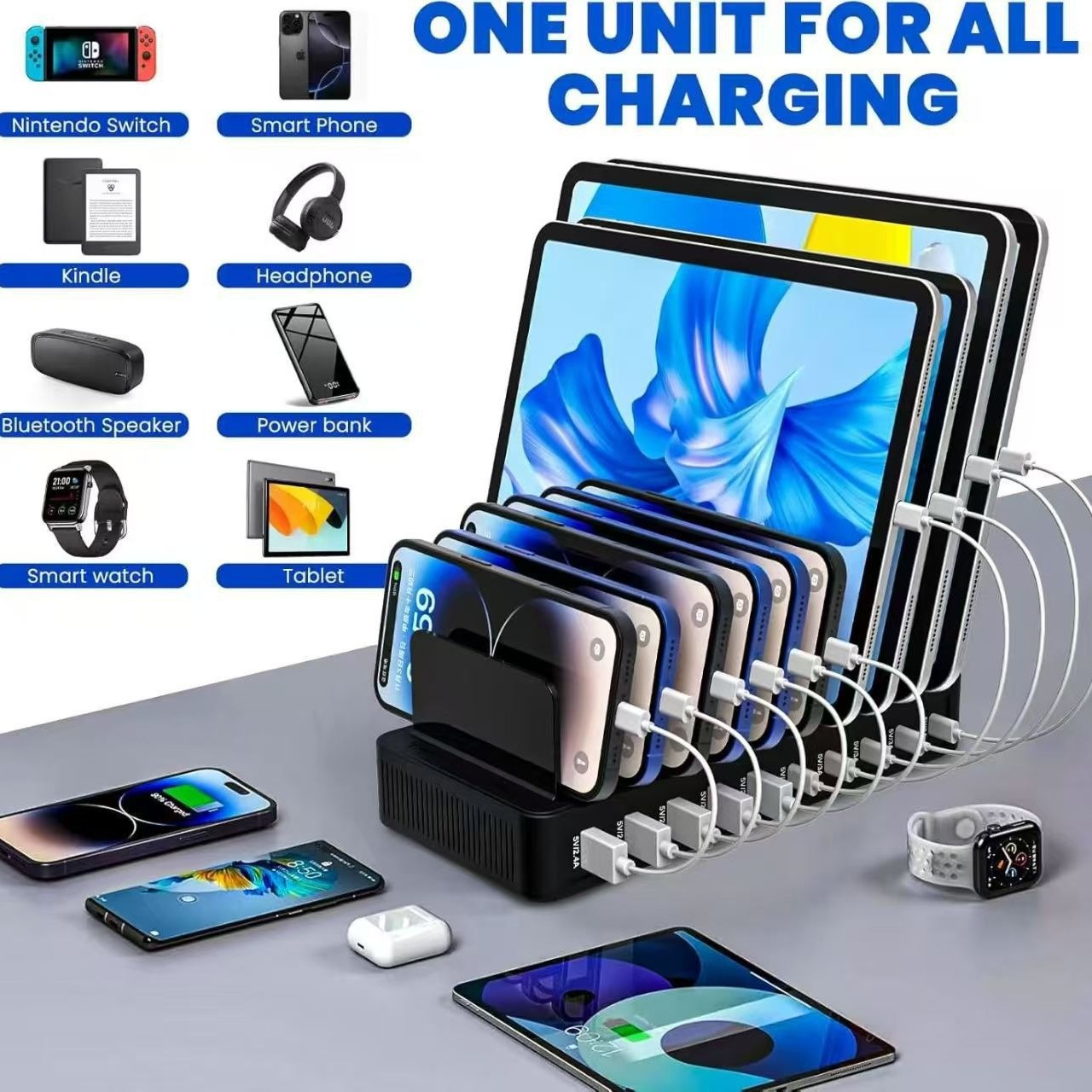 60W Multi-Port USB Desktop Organizer Fast Charger 10-Port with Stand Smart C Port PD QC Fast Charge