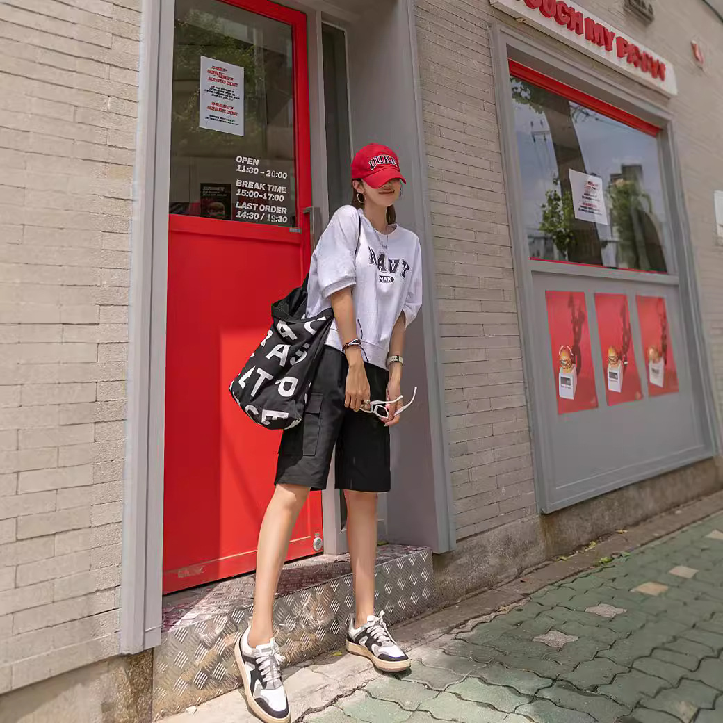 Plus size women summer thin high waist wide-leg 300 jin casual mid-length pants straight leg plus size elastic waist cargo pants five-tenths pants