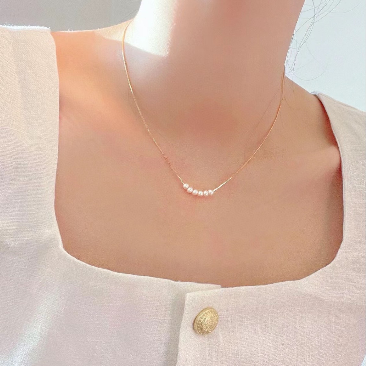 New 925 Sterling Silver Necklace Simple Accessories Natural Freshwater Pearl Smile Collarbone Chain for Women