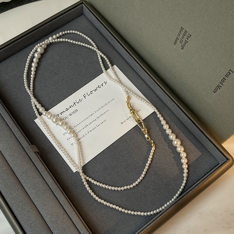 Swarovski-style small rice pearl imitation pearl necklace for women, autumn/winter neck chain, long layered sweater chain