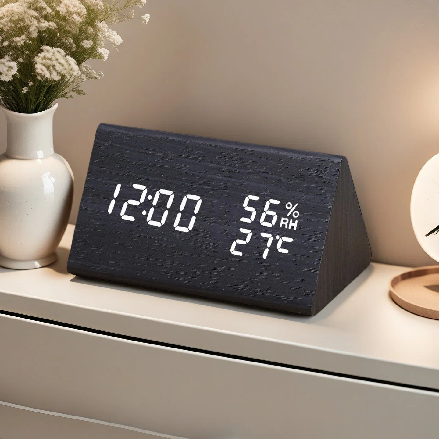 Nordic Wooden Alarm Clock Hygrometer Clock Multifunctional Silent Night Light Student Bedroom Bedside Wooden Clock