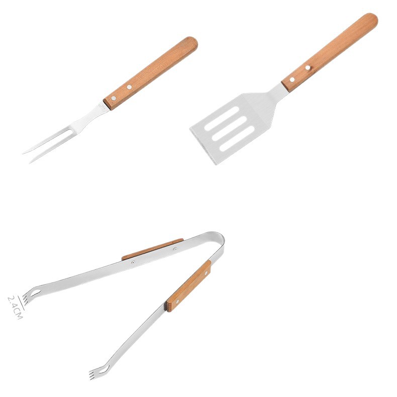 Wooden Handle BBQ Tools Outdoor Camping Home BBQ Set Fork Spatula Tongs BBQ Meat Set Combination Tool