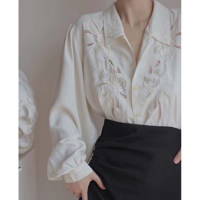 Beautiful Unique Special Blouse Mature Lady Top White Embroidered Lace Shirt Women