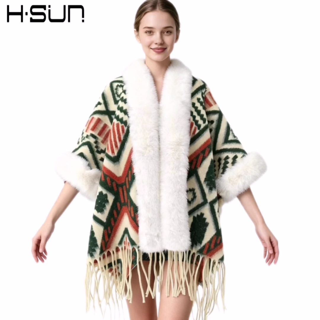 New Knit Cape Poncho Elegant Ethnic Style Fringe Wool Shawl Warm Ethnic Style