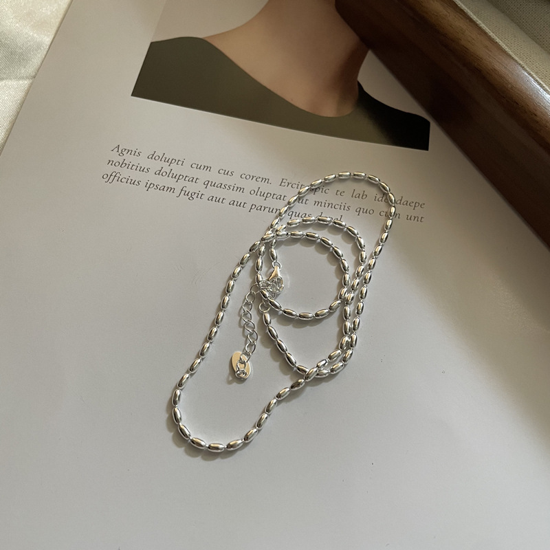 925 sterling silver simple niche INS layered rice bead olive bead necklace women's collarbone chain