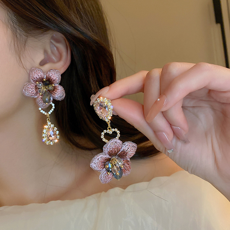 Silver Needle Asymmetric Crystal Fabric Flower Drop Earrings Elegant Earrings for Women