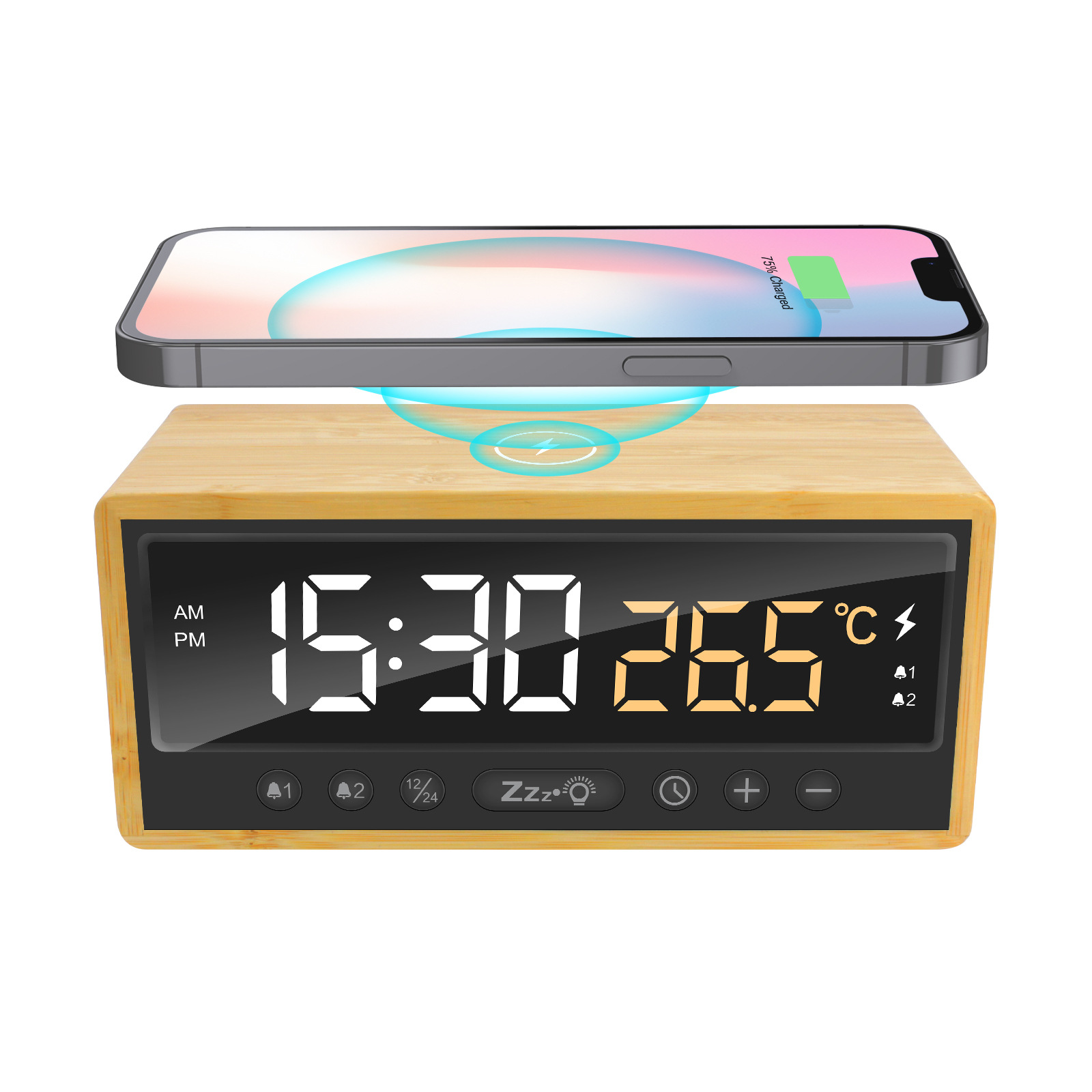 New eco-friendly bamboo wood three-in-one 15W wireless charger clock alarm temperature display brightness adjustment wireless charger