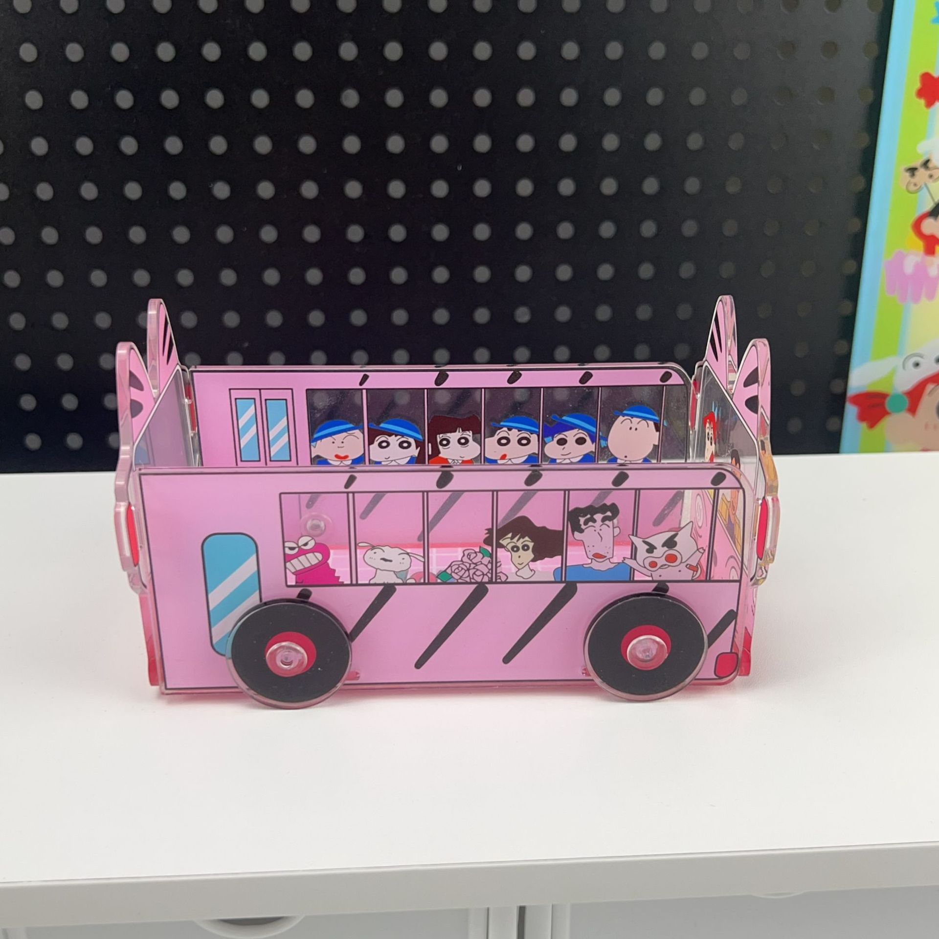 Crayon Shin-chan Acrylic School Bus Pencil Holder Cute Cartoon Storage Box Desktop Organizer DIY Birthday