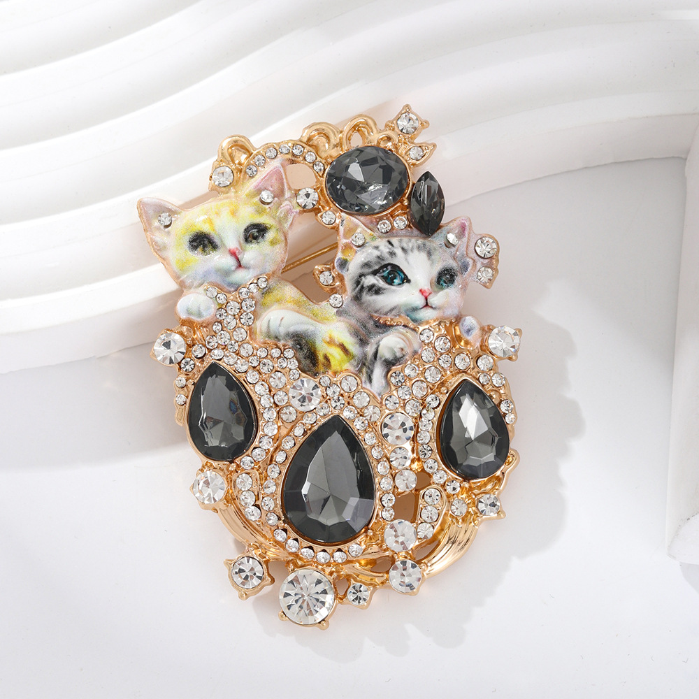 Rhinestone Double Cat Brooch Cute Animal Eco-Friendly Corsage Women's Pin Accessory