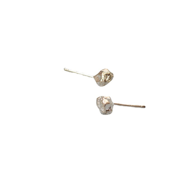 Textured irregular silver imitation volcanic lava rock stone 925 silver pin ear studs for women