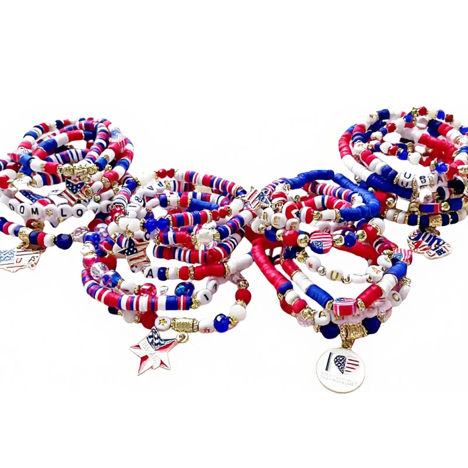American Flag Bracelet Five-pointed Star Pendant Love Red White Blue USA Independence Day Multi-layer Elastic Bracelet