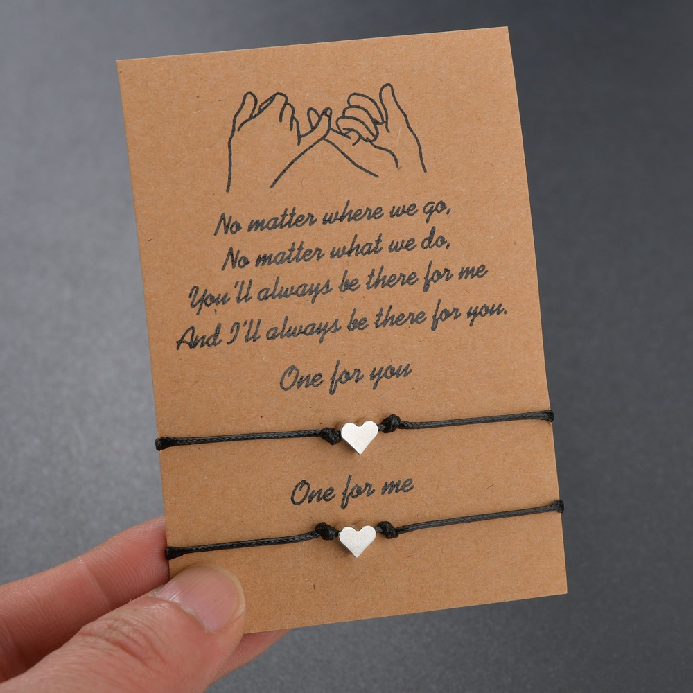 Simple style alloy double heart waterproof wax thread woven adjustable blessing card bracelet 2-piece set