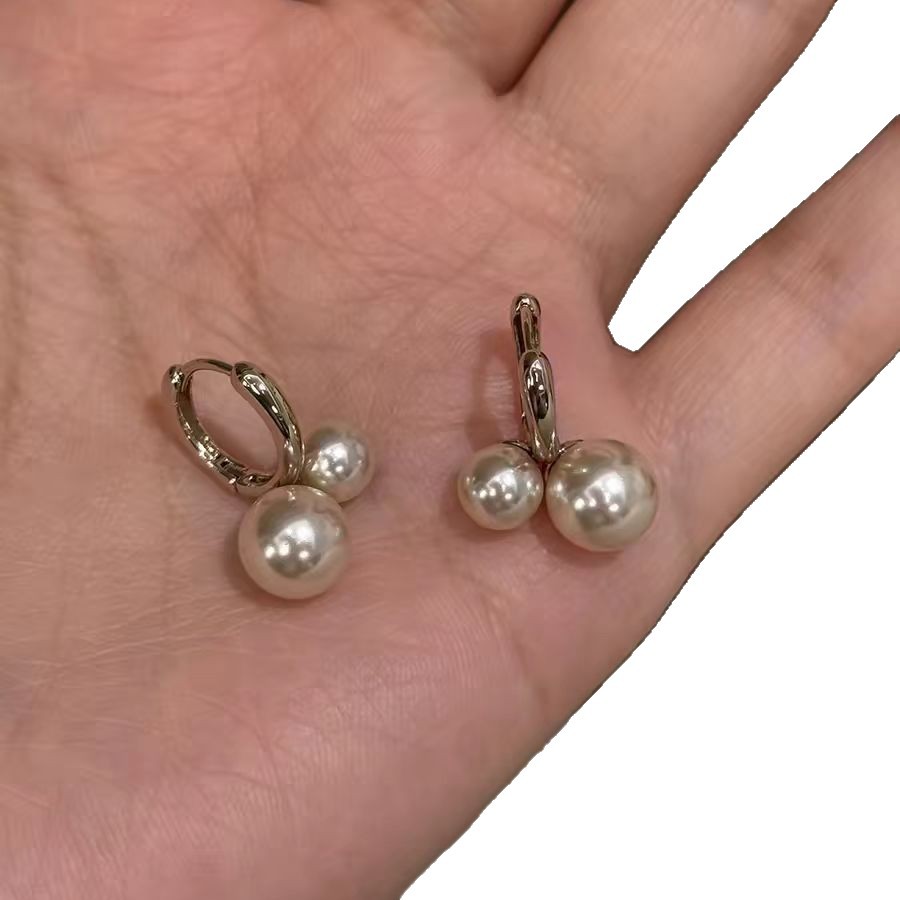Gentle Mocha Mousse Pearl Earrings for Women 2026 New Double Bead Ear Cuff Earrings
