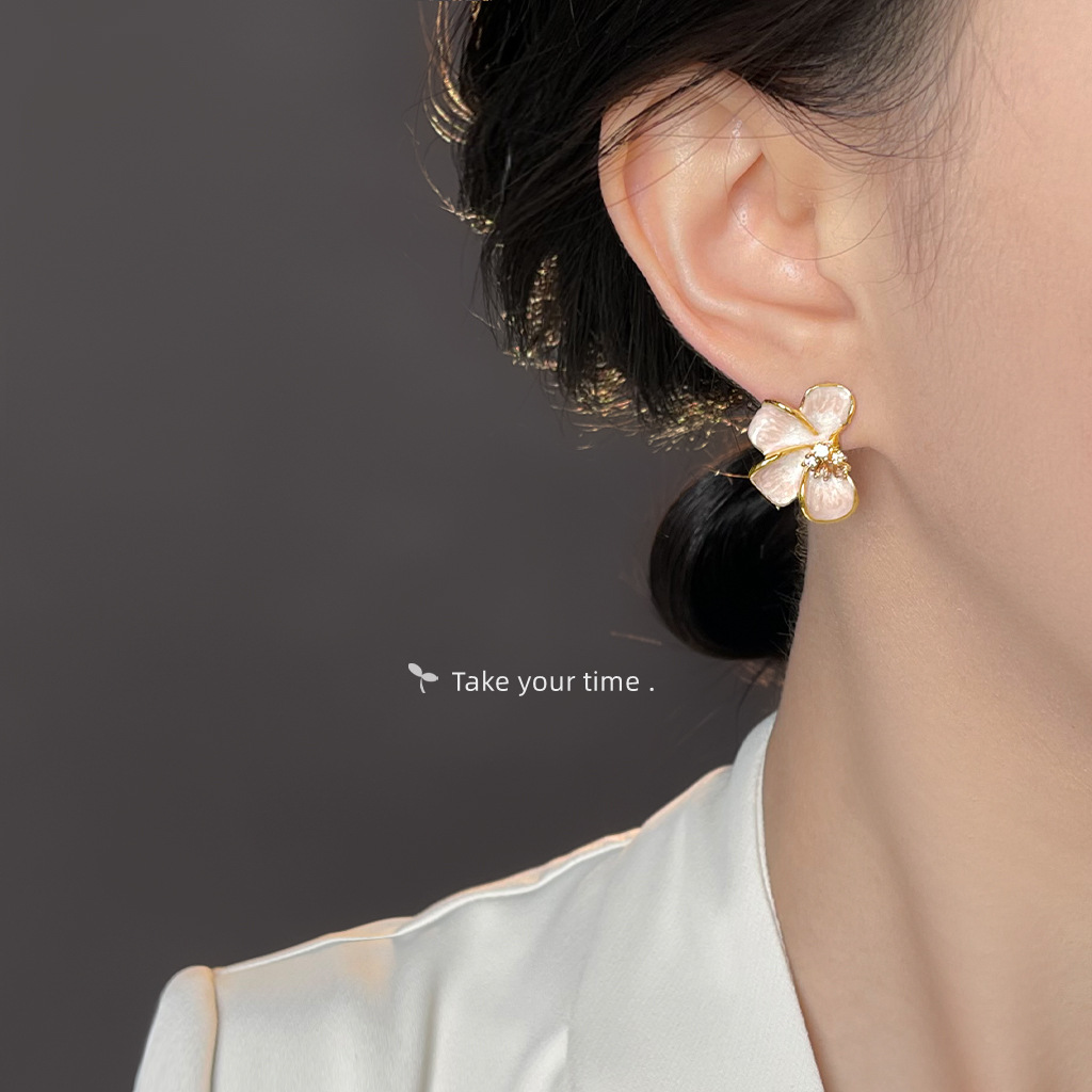 Fresh and sweet micro-set zircon silver-plated needle enamel drip glaze gradient color flower earrings for women, electroplated earrings