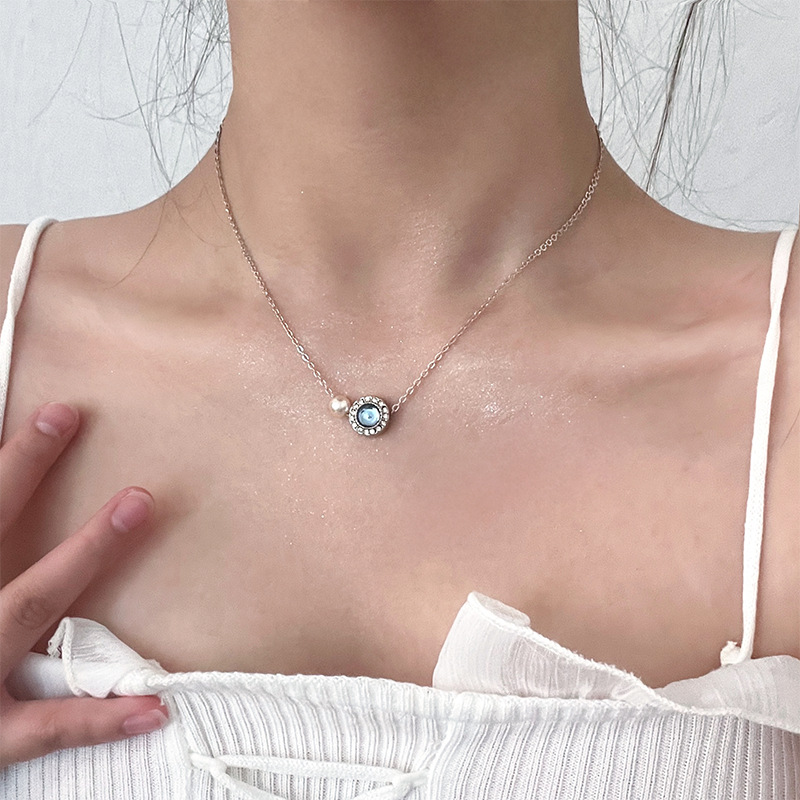 Aquamarine and Swarovski pearl necklace for women, niche collarbone chain, pearl silver needle earring and necklace set combination