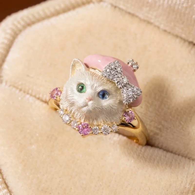 Cute Little Dog Cat Ring Cartoon Sweet Pet Ring Exquisite Sparkling Diamond Bow Index Finger Ring