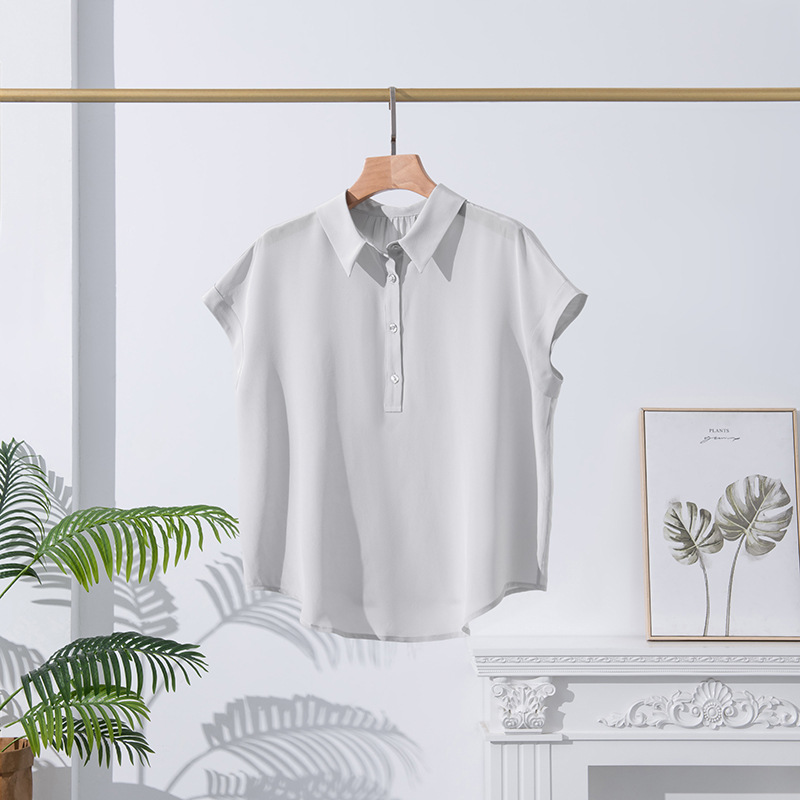 Summer Silk Short Sleeve Shirt for Women New Loose Casual Blouse Solid Color Commute Mulberry Silk Top Niche