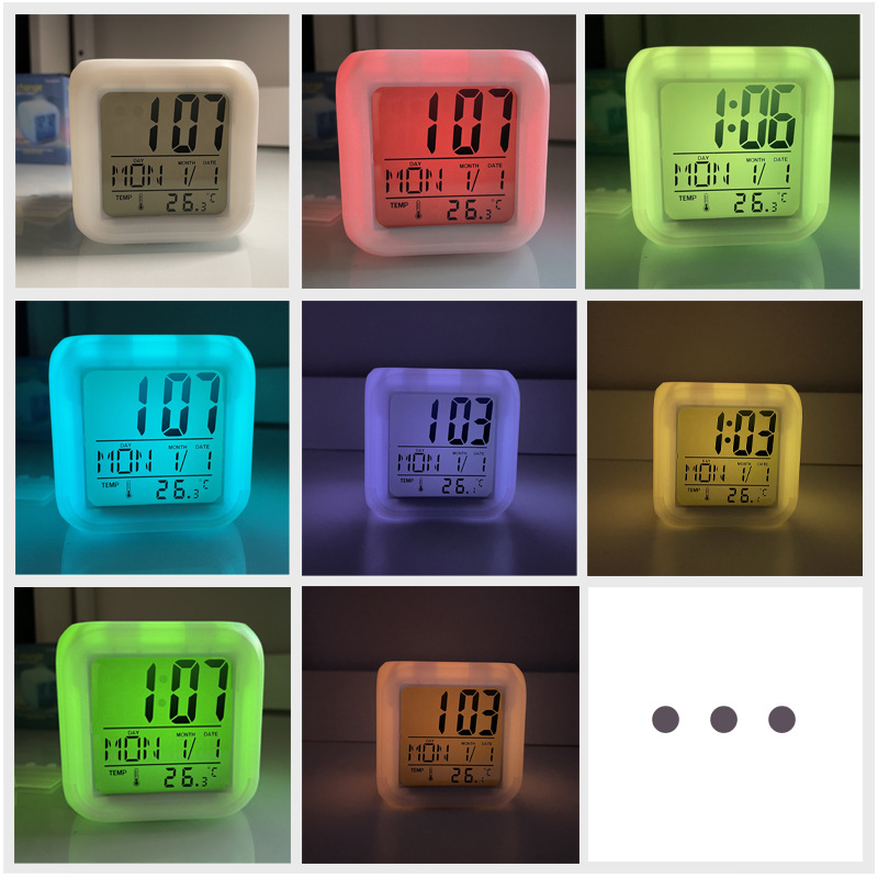 Seven Color Square Clock Small Square Alarm Clock LED Seven Color Changing Night Light Electronic Alarm Clock Gift