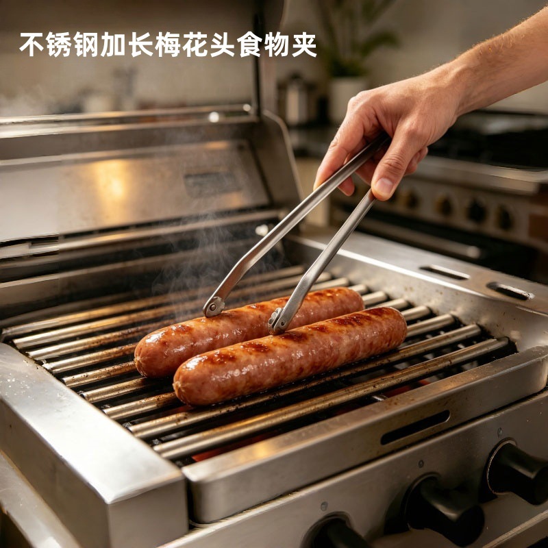 Extended Food Tongs Stainless Steel Thickened Frying Pan Steak Tongs Plum Blossom Print Sausage Tongs Salad Tongs