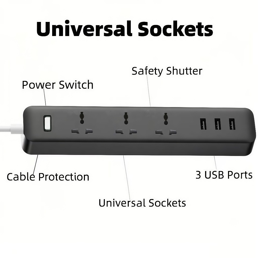 Black and white multi-port USB fast charging extension cord British standard European mobile phone plug charging power strip
