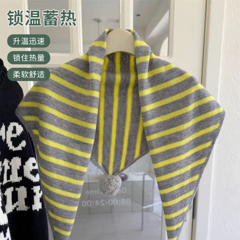 Knitted striped pom-pom outer triangle scarf women autumn and winter warm decorative shawl neck scarf