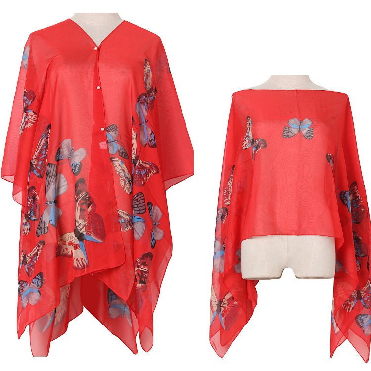 Summer Sun Protection Imitation Silk Shawl Butterfly Print Sun Protection Shawl Gift Silk Scarf Shawl