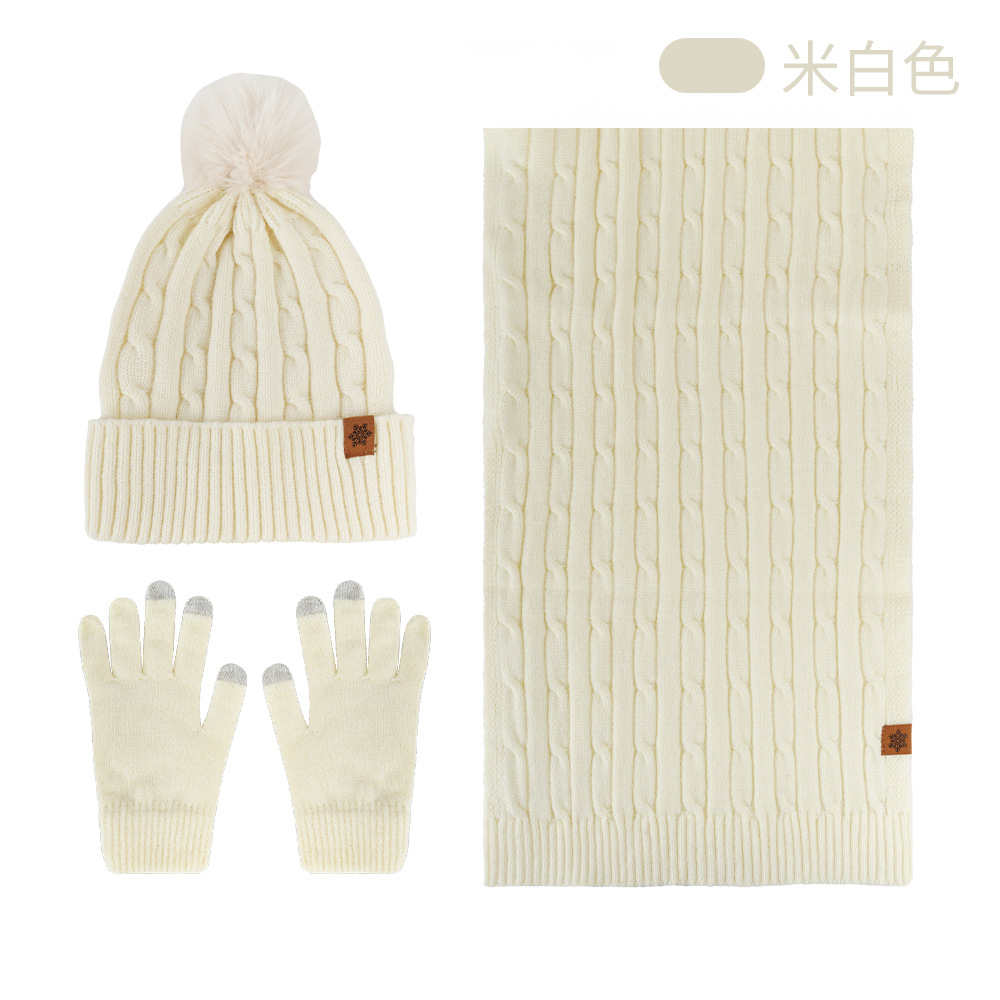 Knitted Hat Women Winter Double-Layer Fleece-Lined Thick Warm Wool Hat Scarf Gloves Three-Piece Set
