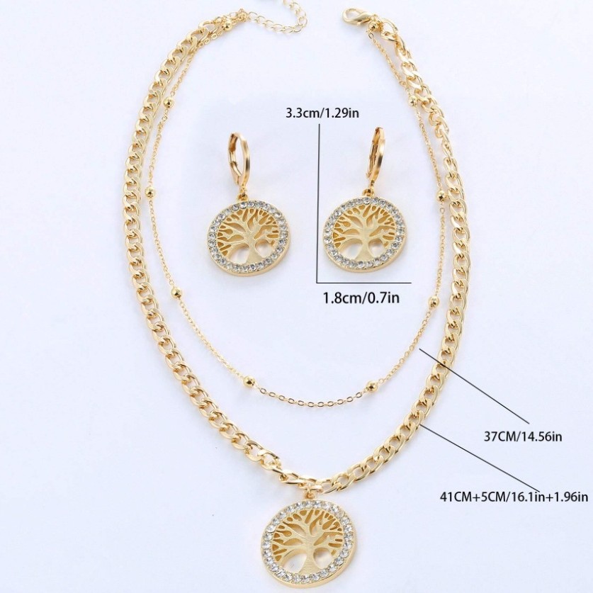 Double-Layer Full Rhinestone Round Tassel Tree of Life Collar Pendant Necklace Earrings Set Decorative Jewelry Women
