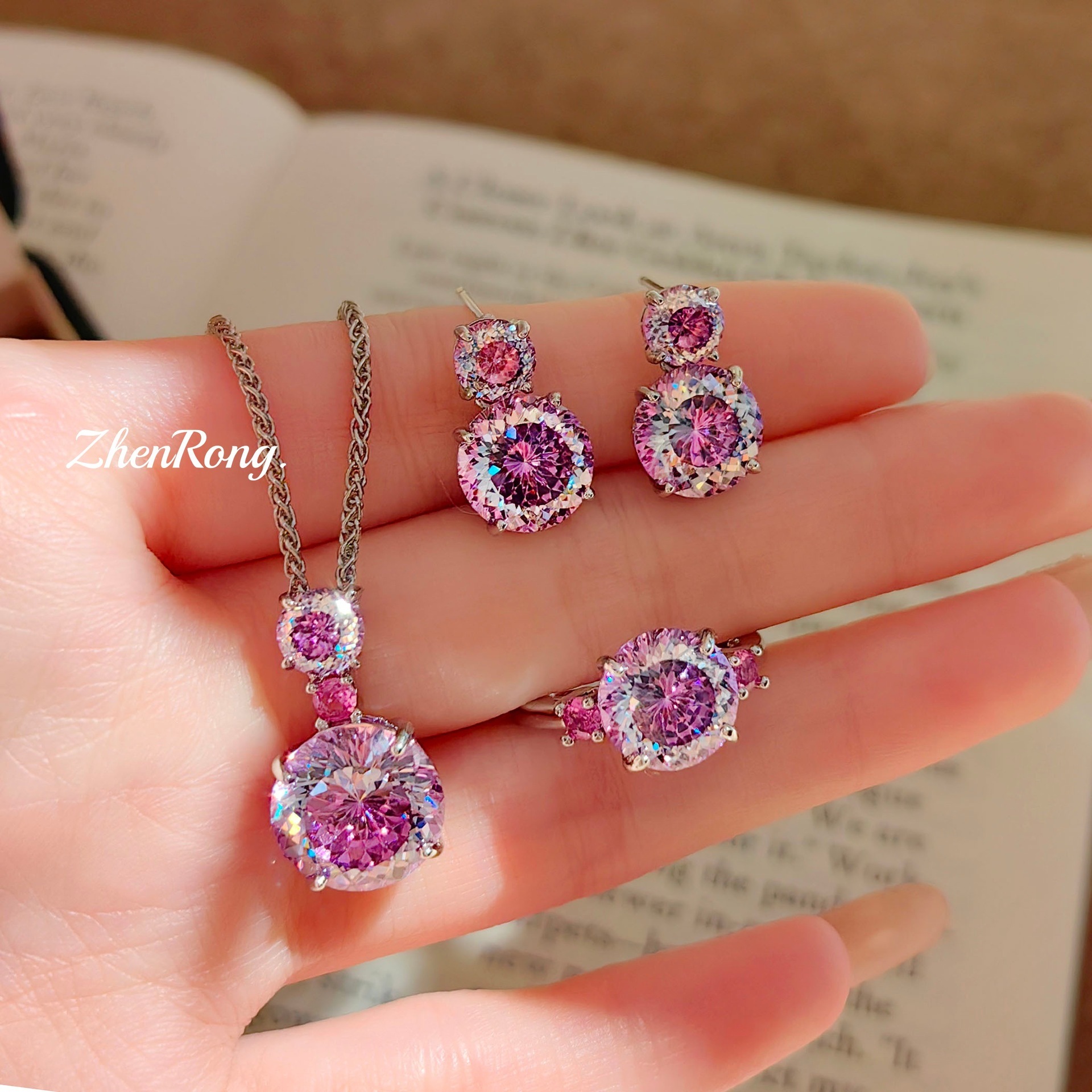炫彩 pink diamond color gem set brilliant fire cut Paraiba pendant open ring Tanzanite blue earrings women copper