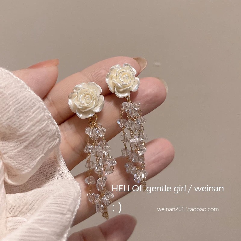36#幻彩玫瑰白色水晶流苏耳钉