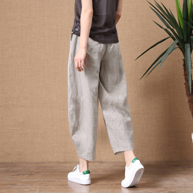 Summer Loose Breathable Seven-tenths Pants Cotton-linen Solid Elastic Waist Women's Wide-leg Pants Simple Casual Pants