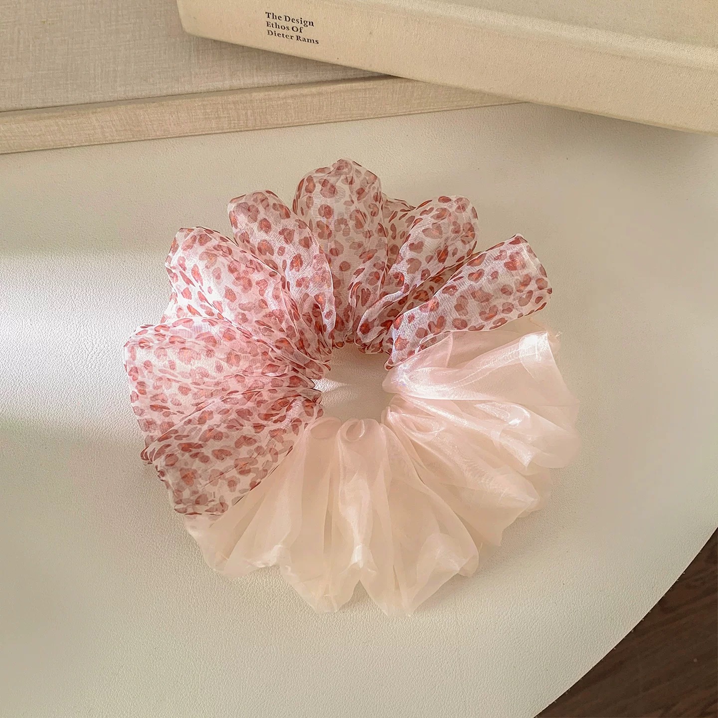 49#粉红豹纹拼接纯色欧根纱发圈约18cm